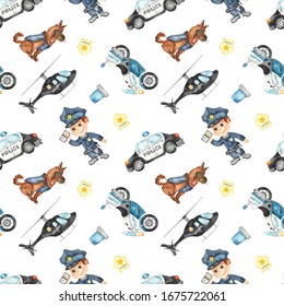 Police Vehicles, Police Officer And Dog On A White Background. Watercolor Seamless Pattern