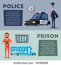 Policeman Character. Prison. Criminal In Orange Uniform. Cartoon Illustration. Funny Cop. Police Car. Public Safety Transport