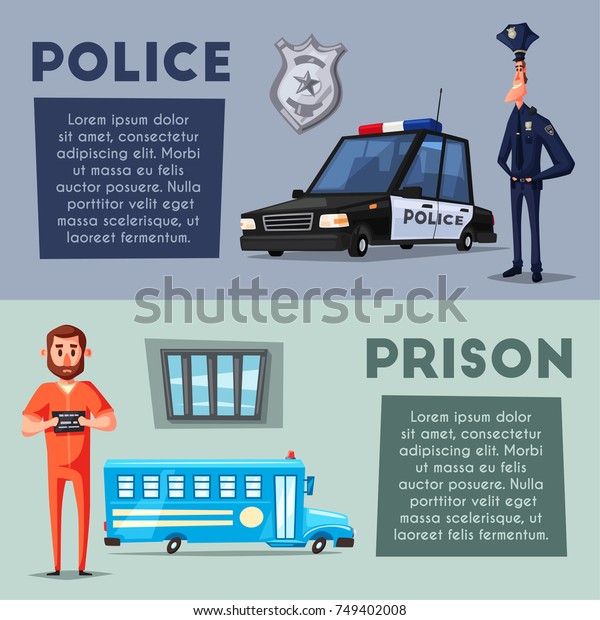 Policeman character. Prison. Criminal in orange\
uniform. Cartoon illustration. Funny cop. Police car. Public safety\
transport