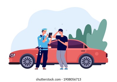 Policeman And Driver. Car Inspector Write Fine To Intruder High Speed Traffic Violation. Safety Control Admonition Concept