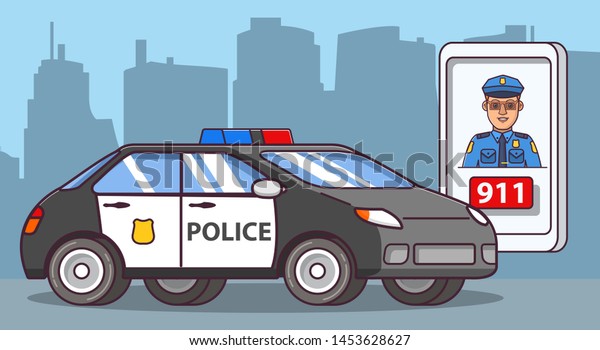 Policeman officer  cartoon character. Police car side\
view. Patrol vehicle of emergency services beacon.Application\
smartphone emergency call.Flat line art. Concept of design of a\
poster.City skyline\
