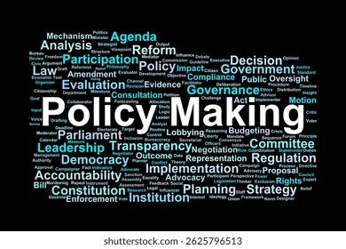 Policy Making word cloud. Summary of key concepts in public governance, decision process, and institutional frameworks.