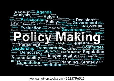 Policy Making word cloud. Summary of key concepts in public governance, decision process, and institutional frameworks.