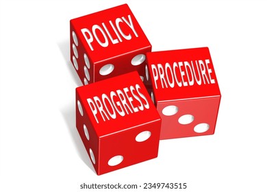 Policy, progress and procedure word on red dices, 3d rendering
