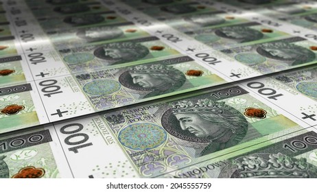 Polish Zloty Sheet Of Money Print 3d Illustration. PLN Banknotes Printing Background Concept Of Finance, Economy Crisis, Inflation And Business In Poland.