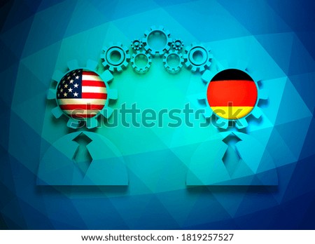Politic and economic relationships between USA and Germany. National flags in gears head of the businessman. Teamwork concept. 3D rendering