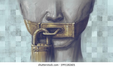 Political Art, Concept Idea Of Free Speech Freedom Of Expression And Censored, Surreal Painting, Portrait Illustration , Conceptual Artwork Illustration	
