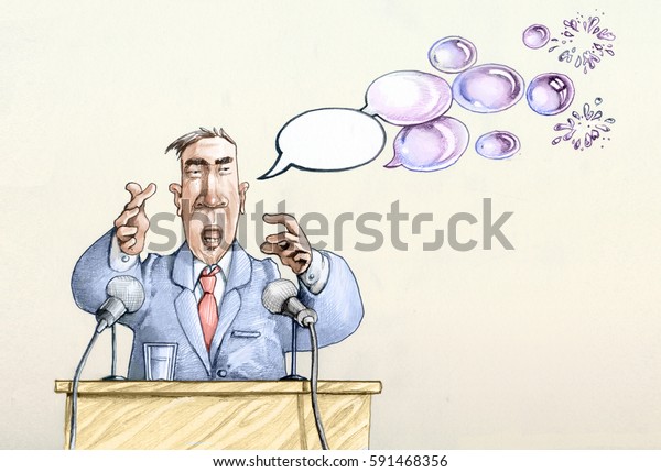 political conference, the comics of the speaker\
are turned into soap\
bubbles