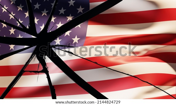 Political crisis\
in USA. Damaged American flag. Glass in colors of US flag. USA\
state banner with crack. Consultation of problems in national\
politics. Crisis America. 3d\
rendering.