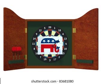 Political Darts - Republican Dart Board With Image Of GOP Elephant With Three Darts Stuck In It. Political Humor