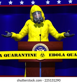 A Political Figure Wearing A Hazmat Suit Is Shrugging His Shoulders At A Speech About Ebola.  He Is Behind A Ebola Quarantine Tape. Political