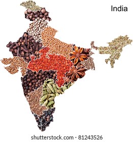 Political map of India with spices and herbs on white background