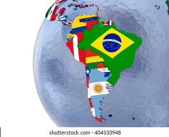 Political map of south America with each country represented by its national flag.