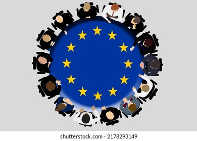 Politicians Or Authority Figures From The EU Boss Group Are Discussing Strategy Around A Round Table With The EU Flag On It. European Parliament. Top View Illustration.