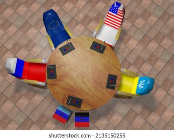  The politicians' chair with the texture of the flags of the USA, Russia, Ukraine, the European Union and stools with the flags of the Republic of DNR and LNR. 3d rendering. - Powered by Shutterstock