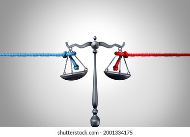 Politics and law or political legislation fight as a left and right leaning rope in a tug of war struggling to win judicial and constitutional laws with 3D illustration elements.
