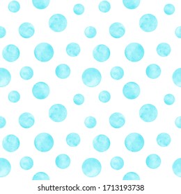 Polka dot blue, teal, turquoise watercolor seamless pattern. Abstract watercolour background with color circles on white. Hand drawn round shaped texture. Print for textile, wallpaper, wrapping paper.