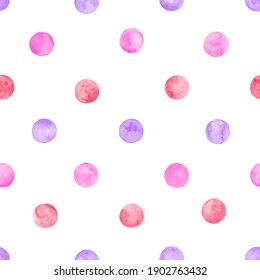 Polka dot pink purple red watercolor seamless pattern. Abstract watercolour color circles on white background. Hand drawn round shaped texture. Print for textile, wallpaper, wrapping paper.