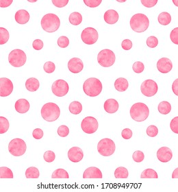 Polka dot pink watercolor seamless pattern. Abstract watercolour background with color circles on white. Hand drawn round shaped texture. Print for textile, wallpaper, wrapping paper.