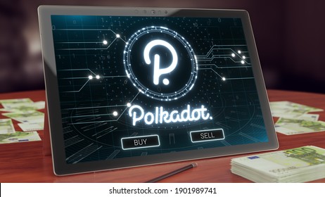 Polkadot cryptocurrency logo on the pc tablet display. Neon bright blockchain symbol 3D illustration