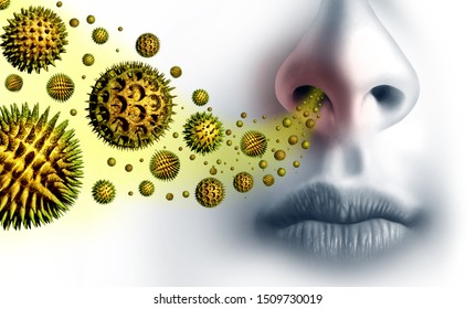 Pollen allergies symptoms and seasonal allergy or hay fever allergy and medical concept as a group of microscopic organic pollination particles as a health care symbol with 3D illustration elements.