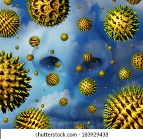 Pollen Allergy Concept As A Group Of Microscopic Organic Pollination Particles Flying In The Air With A Human Nose Ready To Sneeze As A Health Care Symbol Of Seasonal Allergies And Hay Fever.