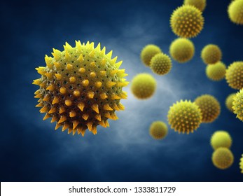 Pollen allergy is also known as hay fever or allergic rhinitis, Microscopic pollen grains, 3d illustration