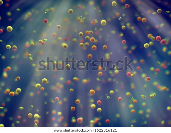 Pollen allergy is also known as hay fever or\
seasonal allergic rhinitis, Airborne pollen grains can trigger\
allergies or asthma, 3d\
illustration