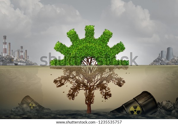 Pollution and business or\
industrial development risk concept as a machine part shaped tree\
cog  damaged by contaminated water with 3D illustration\
elements.