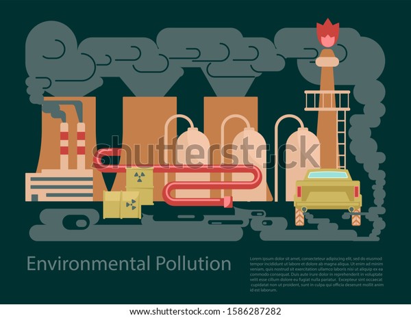 Pollution ecological environmental concep banner.\
Hazardous radioactive, industrial and housekeeping waste. Flat Art\
Rastered Copy