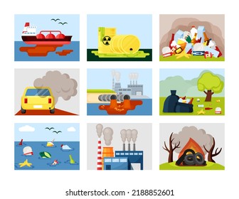 Pollution Environmental Set. Car Exhaust Toxic Landfill Plastic Ocean Waste Industrial Wastewater Radioactive Toxic Waste Spilled Oil Factory Combustion Burning Plastic Trash Tires. Cartoon .