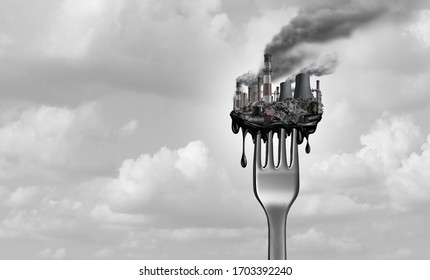 Pollution and food and toxic pollutants in nutrition as eating a contaminated meal as a fork with industrial toxins or climate change affects on the body with 3D illustration elements.