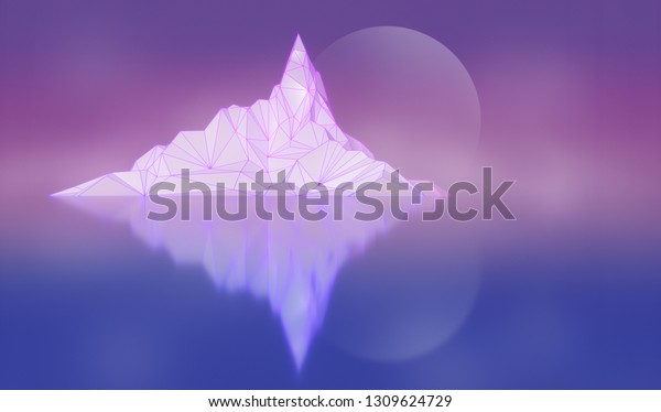 Polygon image of mountain peaks with a\
glowing backlit 3D\
illustration
