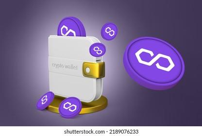 Polygon Matic Token Premium Crypto DeFi Coins Set With A Wallet Money Cryptocurrency Mockup Distributed On An Isolated Infinity Background 3d Rendering Illustration