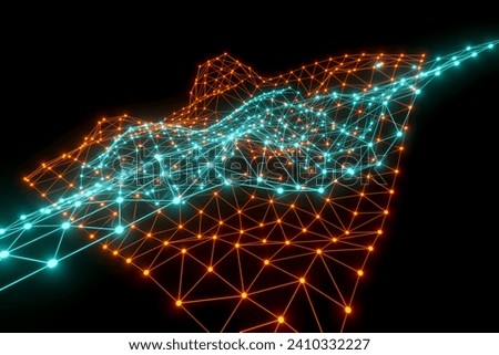 Polygon network in blue and orange. Abstract plexus, science, conections, wire, system and digital, geometry. 