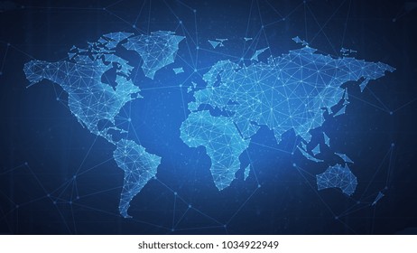 Polygon world map with blockchain technology peer to peer network on blue background. Network, p2p business, e-commerce, bitcoin trading and global cryptocurrency blockchain business banner concept.