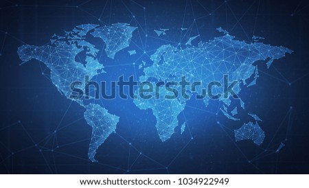 Polygon world map with blockchain technology peer to peer network on blue background. Network, p2p business, e-commerce, bitcoin trading and global cryptocurrency blockchain business banner concept.