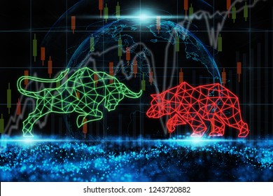 Polygonal Bull And Bear Shape Writing By Lines And Dots Over The Stock Market Chart With Information Over Particle Of Earth And Wave Background, Trading And Finance Investment Concept