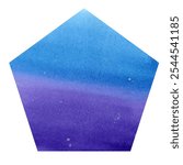 Polygonal element painted with watercolors. The pentagon is violet-blue, bright colors, like a sky, night sky, water. Icon, button, decor. Isolated object on white background