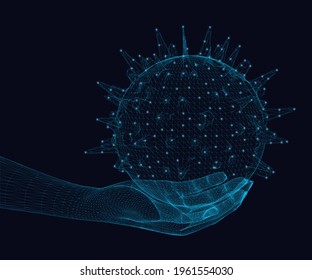 Polygonal hand of a person holds a molecule with luminous lights. Wireframe of virus from blue lines on a dark background. 3D illustration.