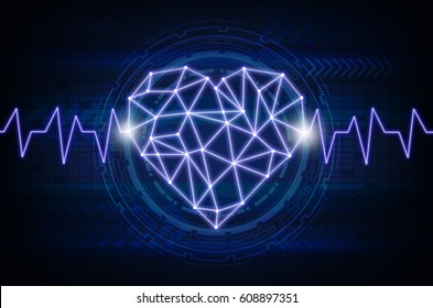 Polygonal Heart Shape Writing By Lines And Dots With Shadow Over The Technology Connection Background, Physician Technology And Network Connections Concept