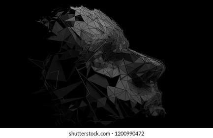 Polygonal human face. 3D illustration of a cyborg head construction. Artificial intelligence concept.
