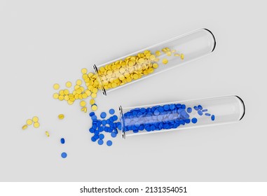 Polymer Plastic Bead On White Background Polymer Resin In Sample Test Tube, Plastic Granulate For Injection Molding Process 3d Illustration