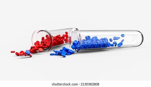 Polymer Plastic Bead Red And Blue On White Background Polymer Resin In Sample Test Tube, Plastic Granulate For Injection Molding Process 3d Illustration