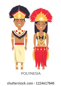 Polynesian Couple Wearing Traditional Clothes With Feathers And Hats, Culture Of Country Represented On  Illustration Isolated On White