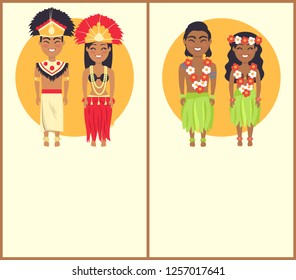 Polynesian And Hawaii Couple Wearing Traditional Clothes With Feathers And Flowers, Culture Of Country , International Day Posters With Text