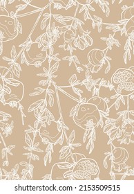 Pomegranate Branches Pattern. White Fruit, Twigs And Leaves On Beige Background. Outline Floral Illustration