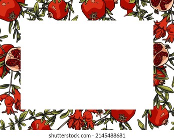 Pomegranate Card. Red Fruit And Flowers With Leaves On Branch