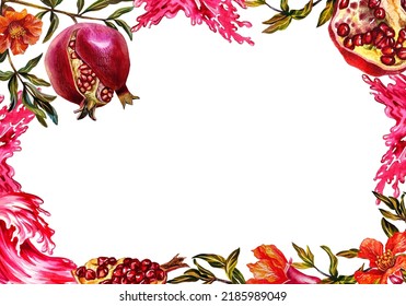 Pomegranate. Frame of pomegranate fruit on a branch, burst, cut pomegranate, flowers and pomegranate juice.