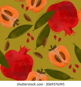 Pomegranate Fruit Persimmon Seeds Leaf Pattern